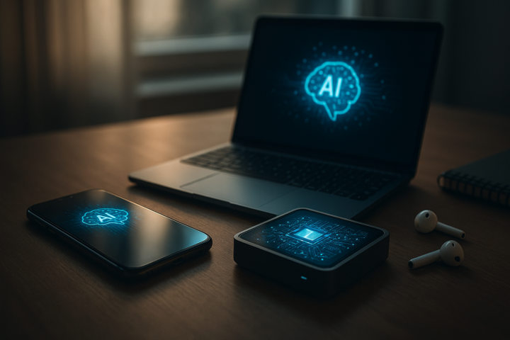 Photorealistic smartphone and laptop running local AI applications beside a neural processor board