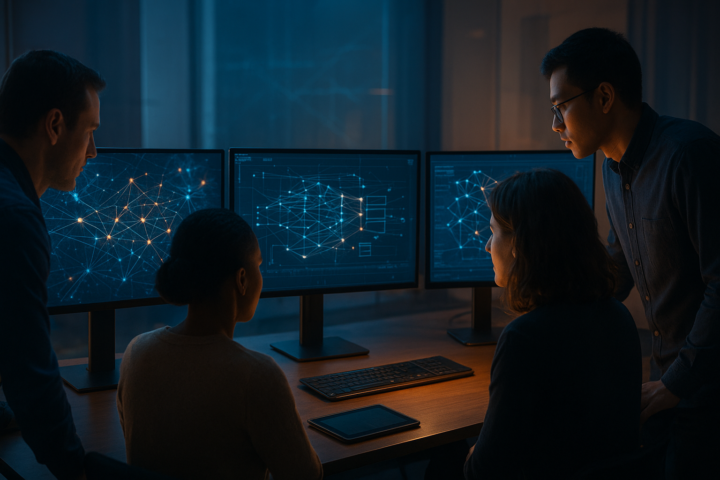 Photorealistic workstation displaying abstract open-weight AI model visualizations