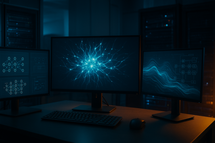 Photorealistic close-up of an advanced AI workstation displaying abstract open-weight model visualizations in a modern research lab