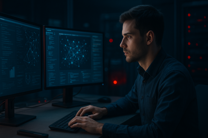 Engineer reviewing an open-weight AI model deployment on multiple monitors in a modern technology workspace