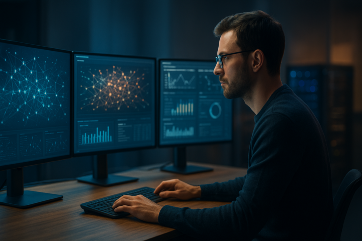 Engineer reviewing an open-weight AI model deployment on multiple monitors in a modern workspace