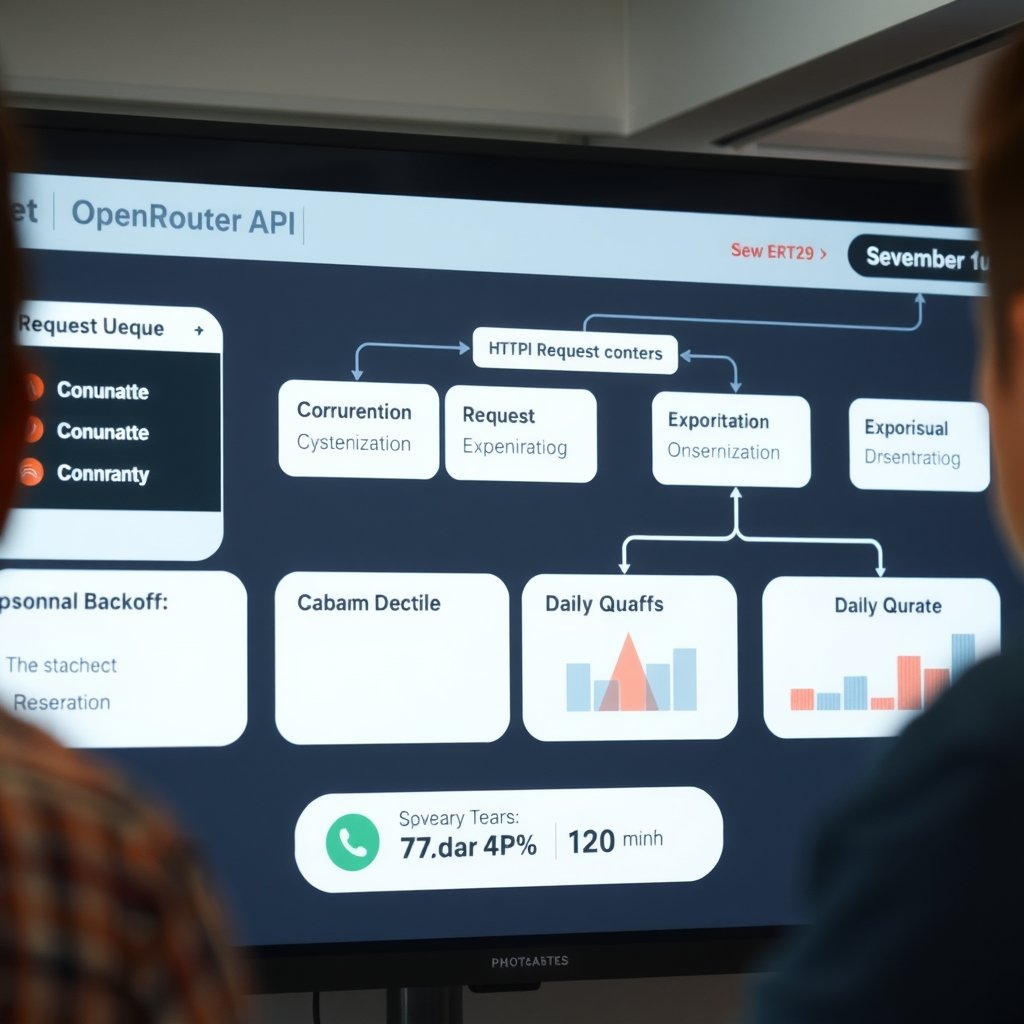 OpenRouter free models - A developer dashboard or flow diagram showing an OpenRouter API request queue, concurrency cont