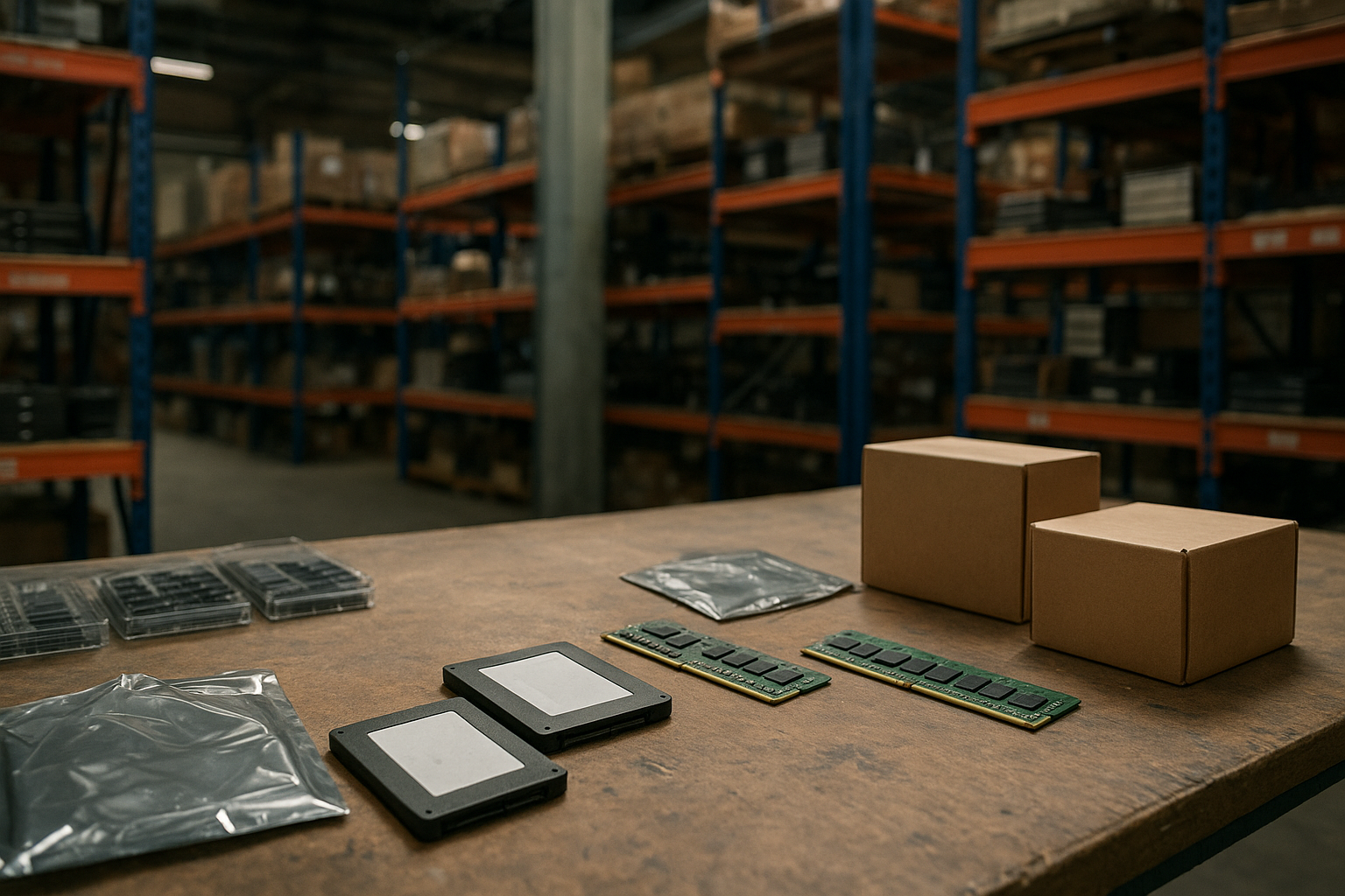 PC component shortage represented by SSDs and DDR5 RAM beside an empty electronics shelf