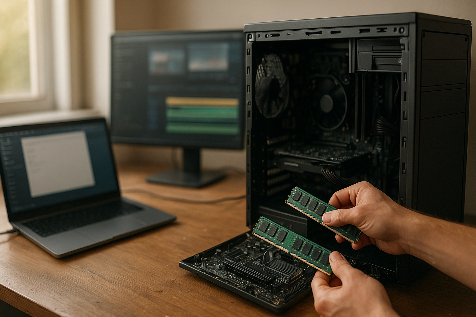 RAM requirements guide showing desktop memory modules beside a laptop and gaming PC