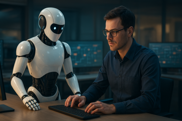 Robotic process automation concept with a humanoid robot working beside a professional at a modern operations workstation