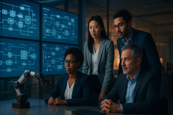 Business automation team reviewing robotic process workflows on multiple monitors