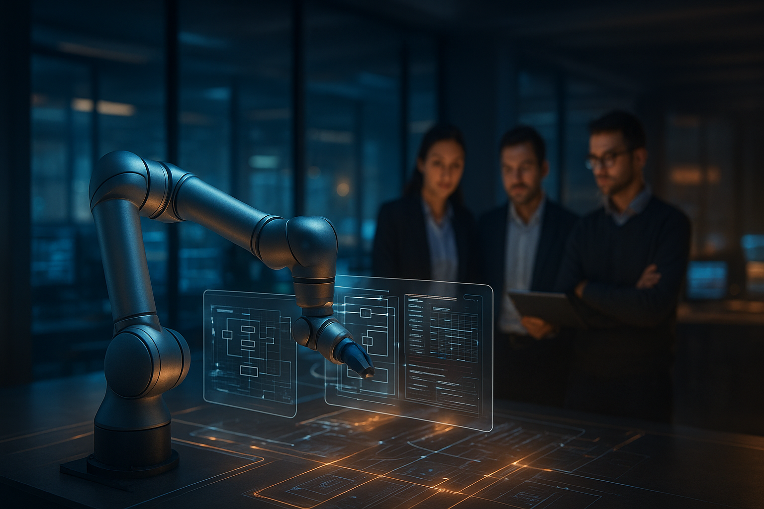 Futuristic robotic process automation concept with a digital worker coordinating enterprise workflows