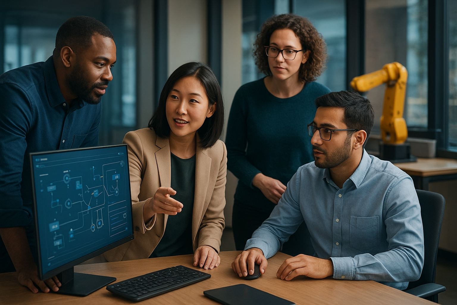 Professional team reviewing robotic process automation workflows on monitors in a modern office