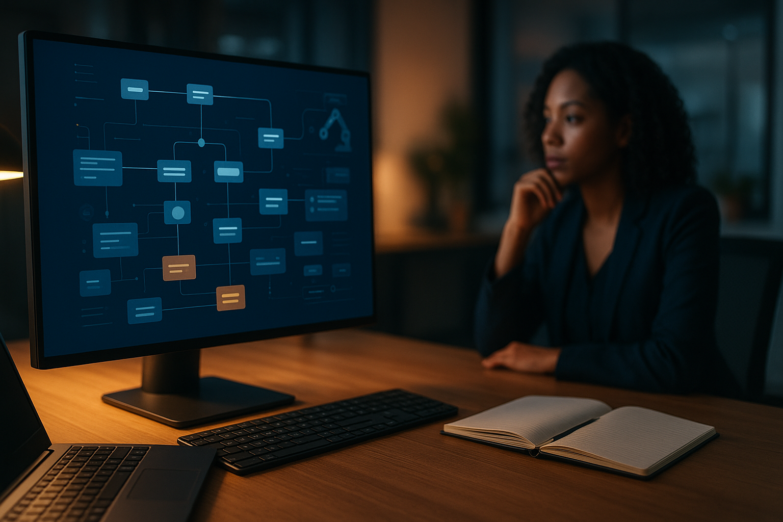 Professional reviewing robotic process automation tools on a large monitor in a modern office