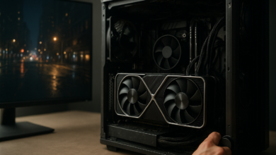 RTX 5080 benchmarks shown on a monitor beside an Nvidia graphics card