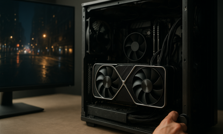 RTX 5080 benchmarks shown on a monitor beside an Nvidia graphics card