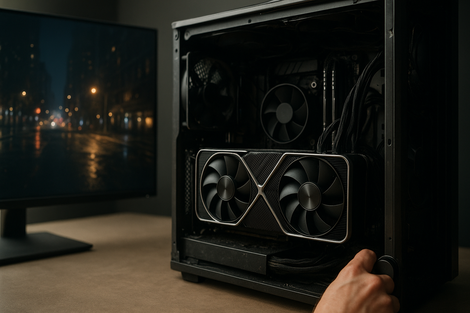 RTX 5080 benchmarks shown on a monitor beside an Nvidia graphics card