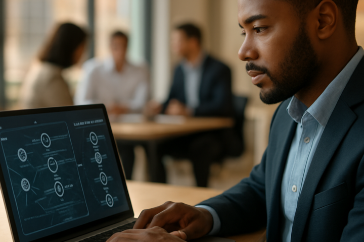 Sales professional reviewing an advanced automated sales workflow on a laptop in a modern office