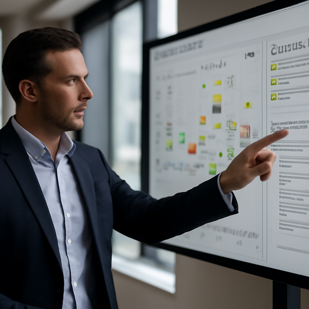 a sales manager reviewing an AI-generated opportunity map on a large office display, with account signals and next actio