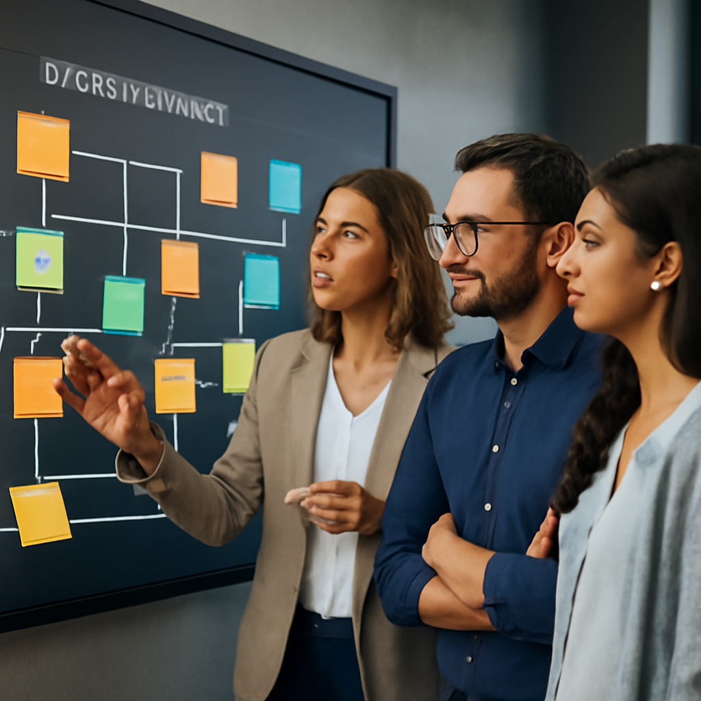 a diverse sales team collaborating around a digital customer journey wall, with human notes alongside automated workflow