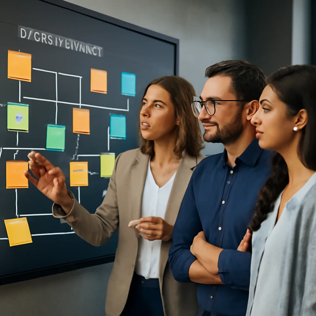 a diverse sales team collaborating around a digital customer journey wall, with human notes alongside automated workflow