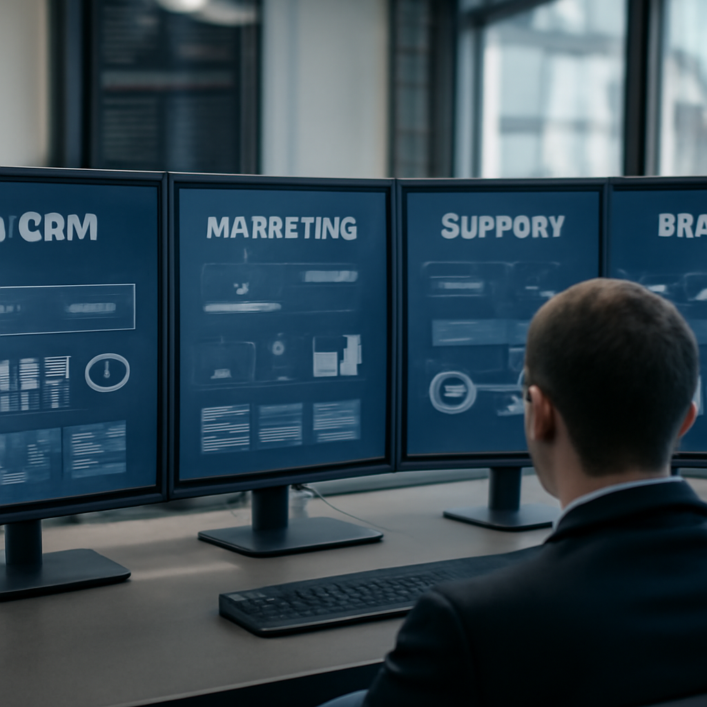a secure operations centre showing connected CRM, marketing, support, and finance systems on separate monitors with clea