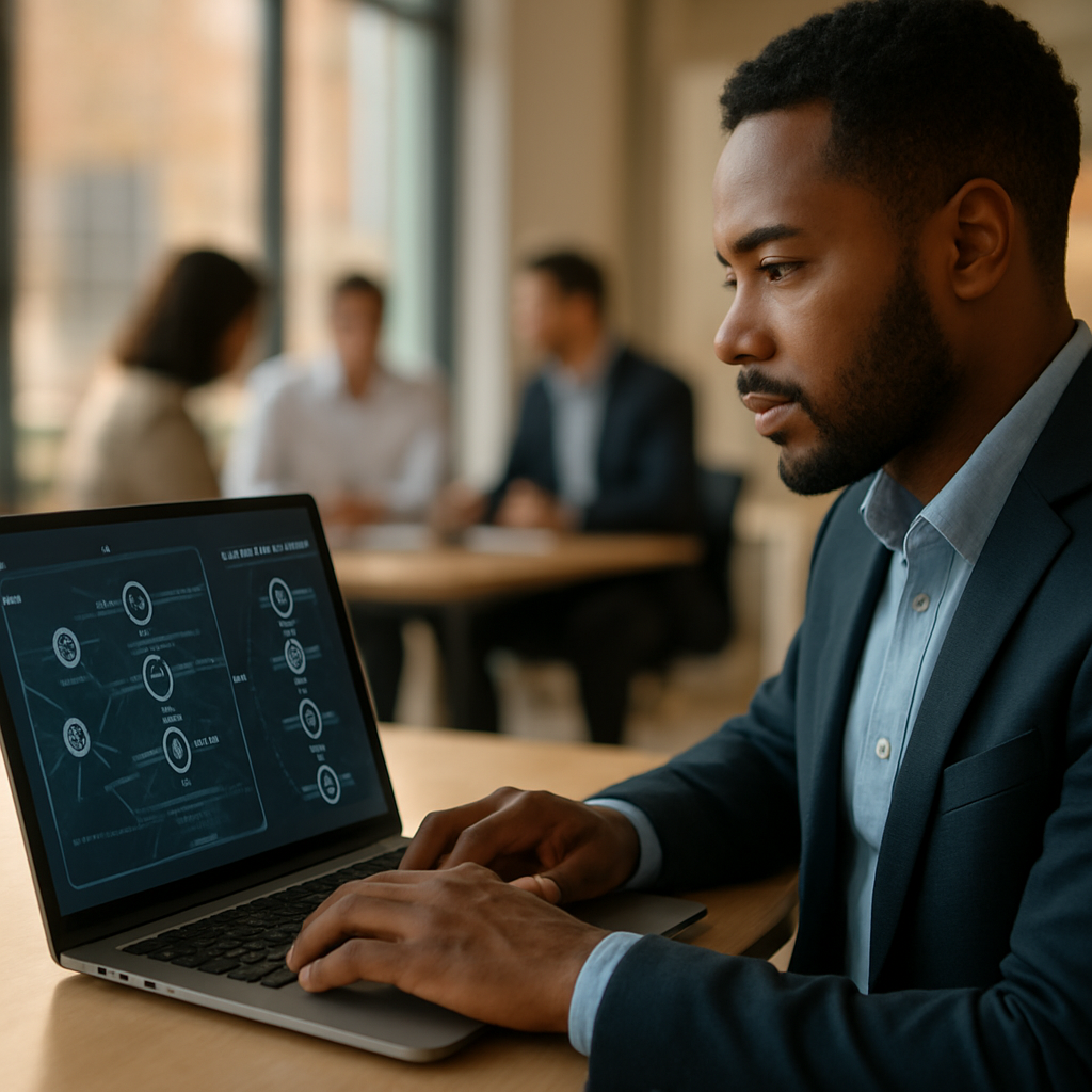 Sales professional reviewing an advanced automated sales workflow on a laptop in a modern office