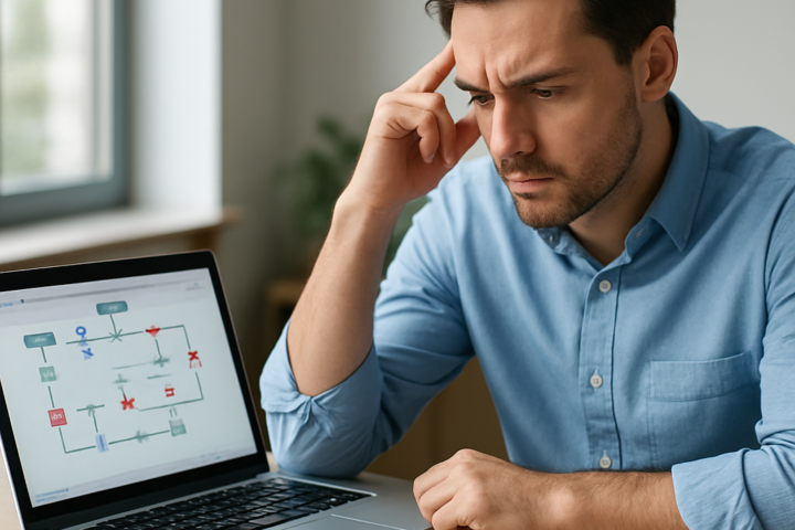 Sales professional reviewing an automation workflow on a laptop beside notes and a CRM dashboard