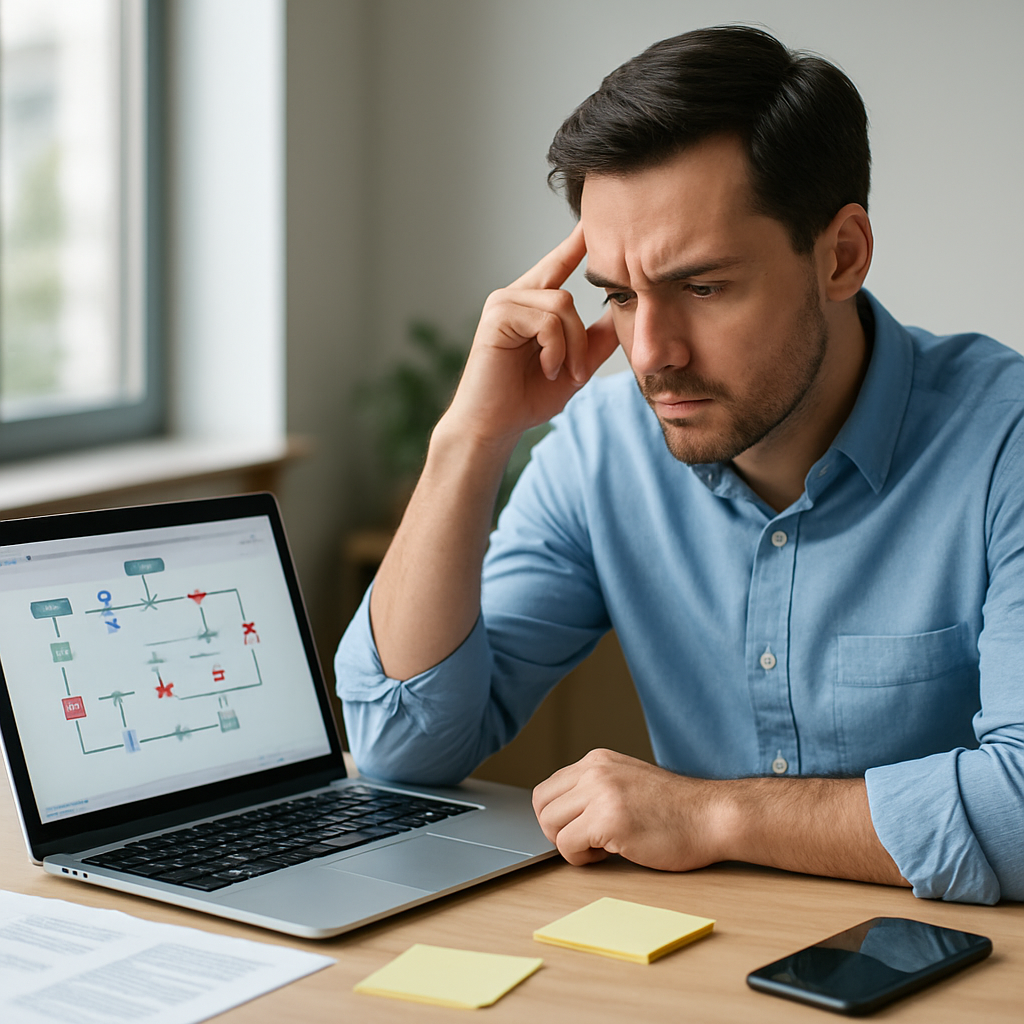 Sales professional reviewing an automation workflow on a laptop beside notes and a CRM dashboard