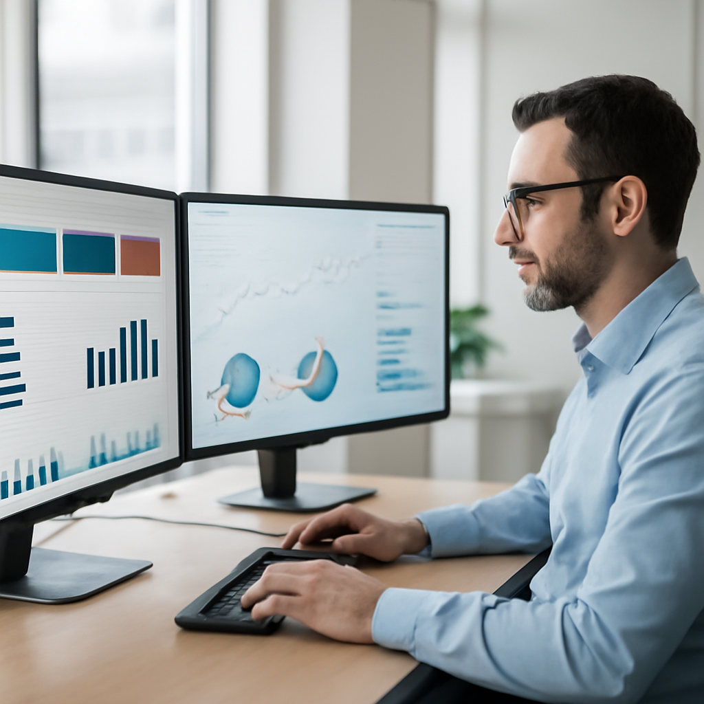 a sales operations manager reviewing a segmented customer journey on multiple monitors in a bright modern office