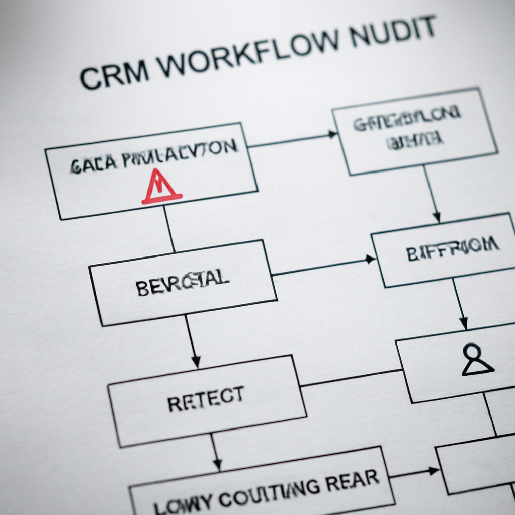 a close-up of a CRM workflow audit showing data validation warnings, approval gates, and lead routing paths