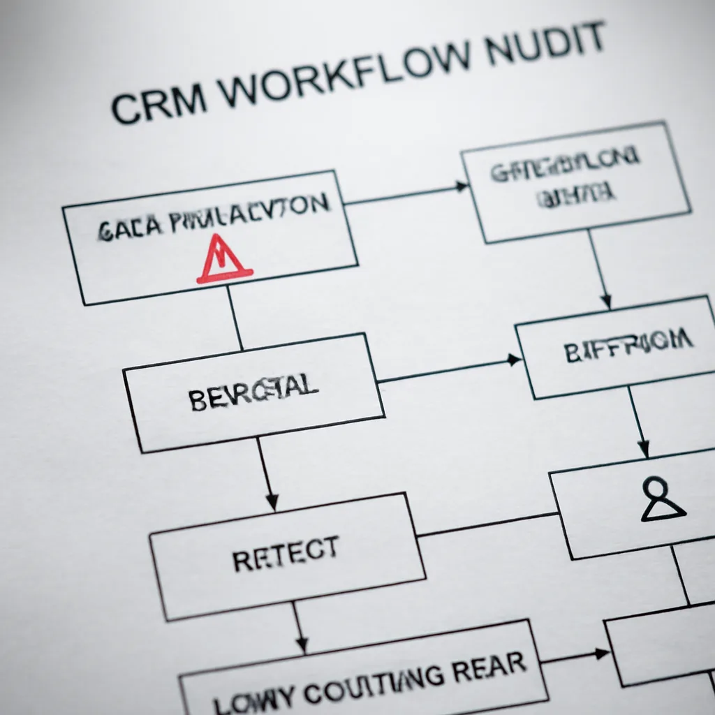 a close-up of a CRM workflow audit showing data validation warnings, approval gates, and lead routing paths