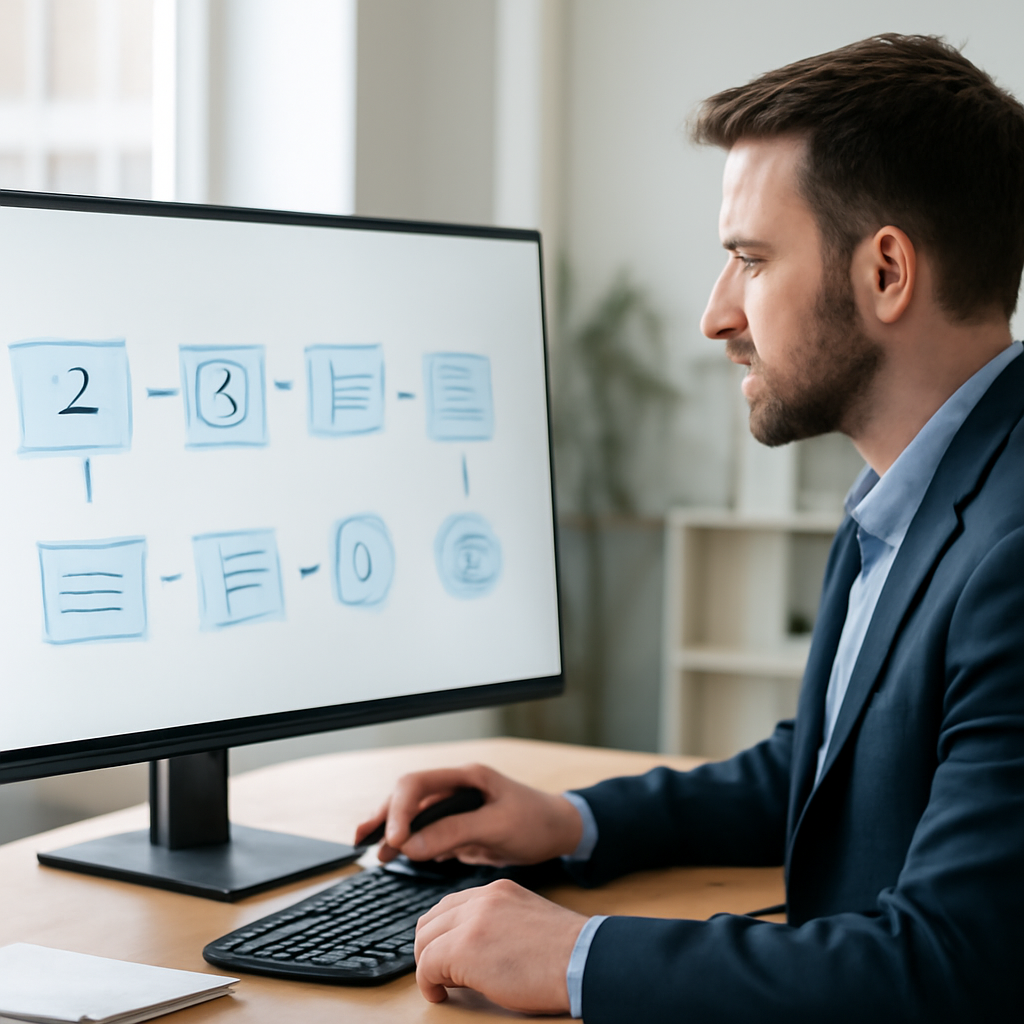a sales manager reviewing a visual customer journey on a large monitor in a bright modern office
