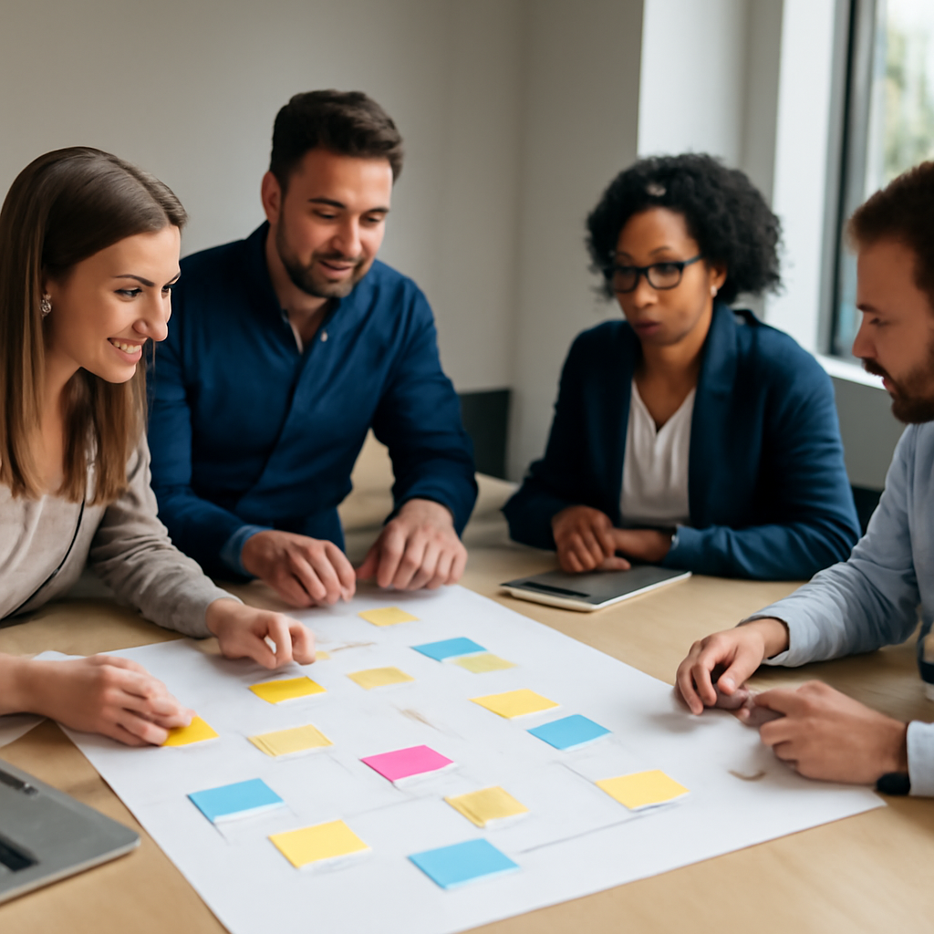 a collaborative sales operations team mapping automated workflows with sticky notes and laptops around a conference tabl