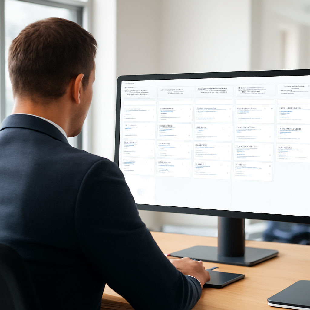 a sales manager reviewing a clean CRM pipeline on a widescreen monitor in a bright modern office