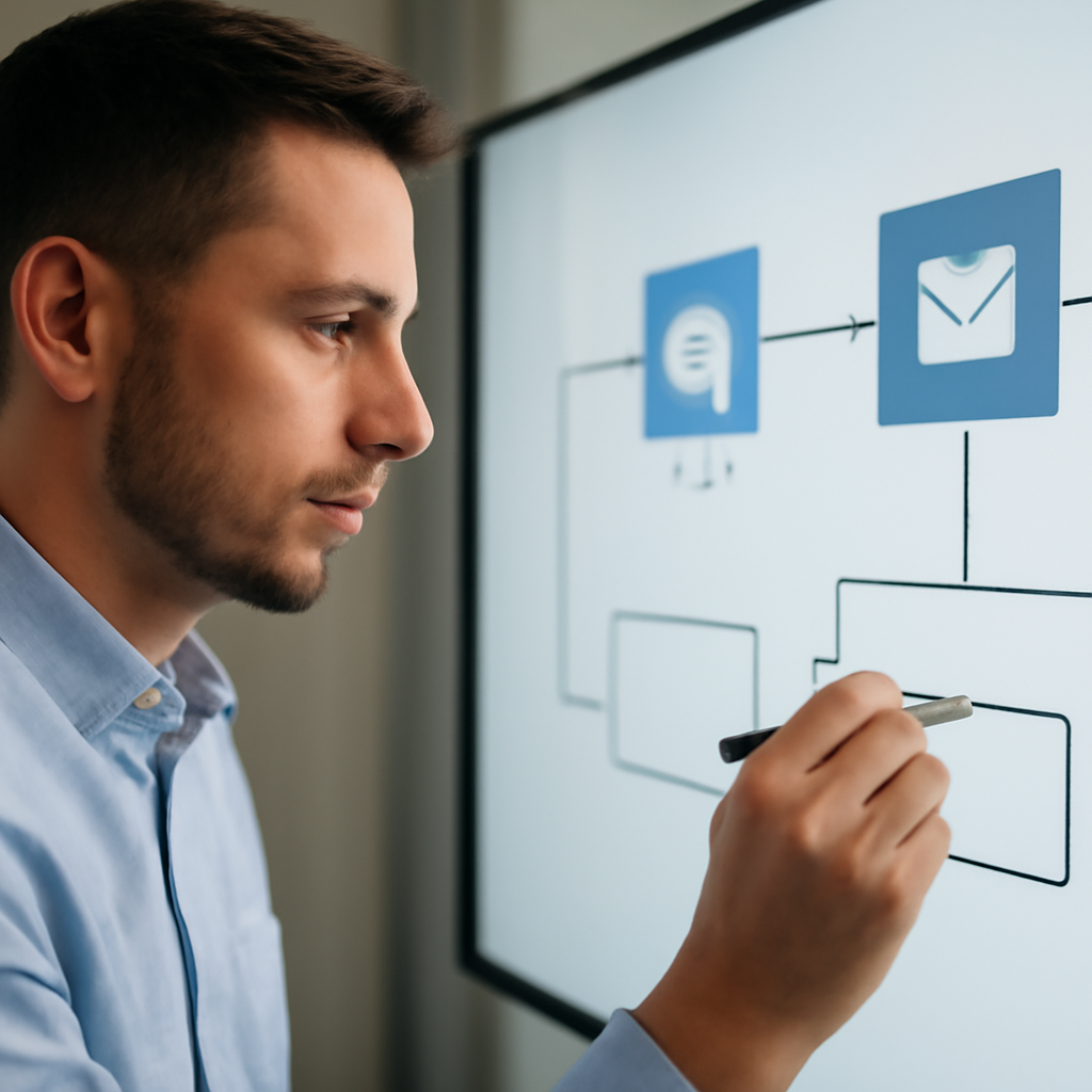 a close-up of a sales operations specialist mapping connected CRM, email and calendar workflows on a digital whiteboard