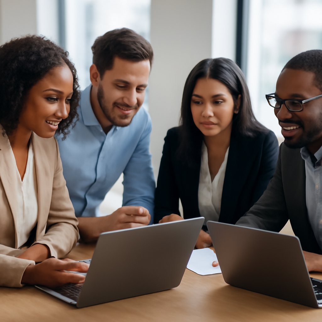 a diverse sales team collaborating around a conference table while reviewing automated outreach performance on laptops