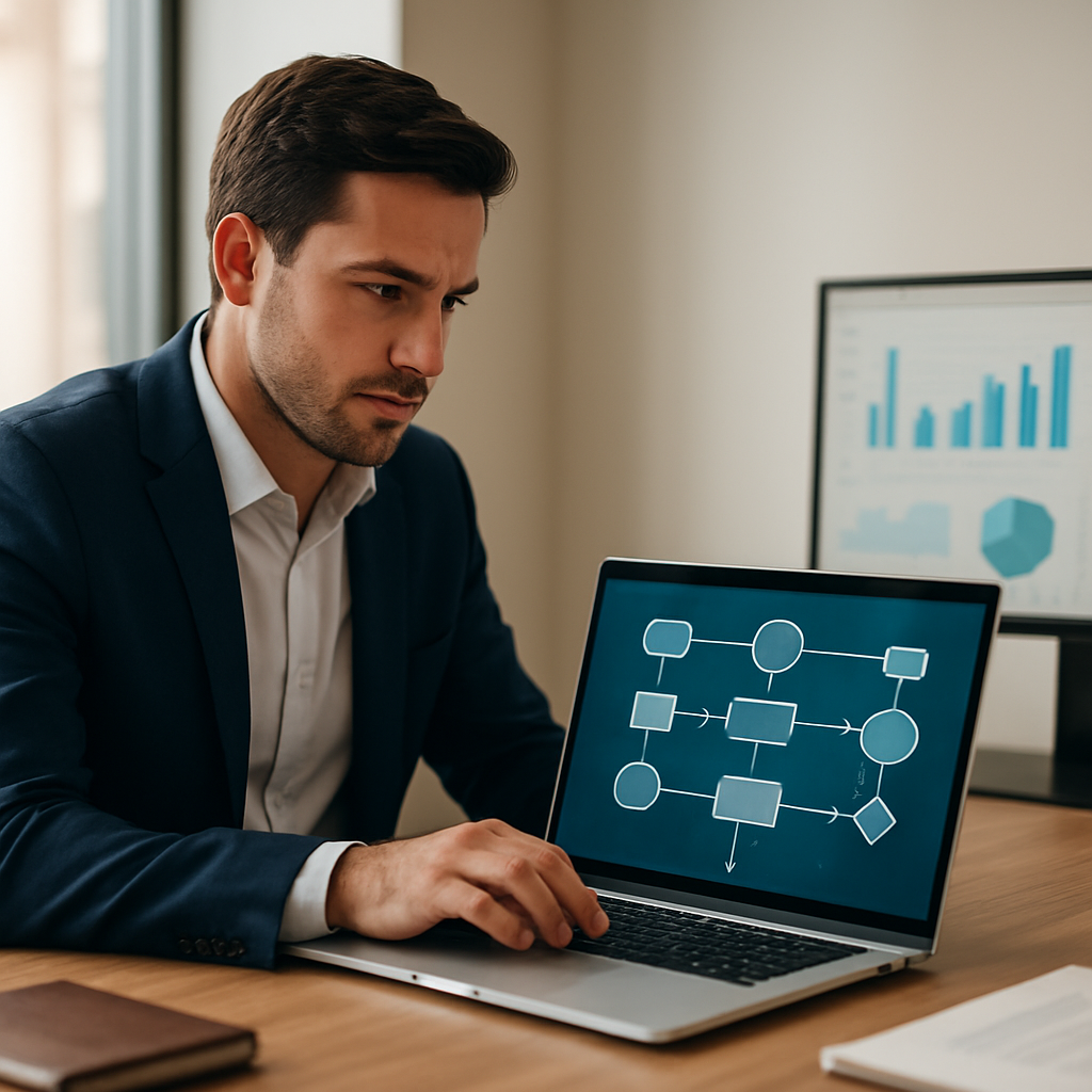Sales professional reviewing automated workflow dashboards on a laptop in a modern office