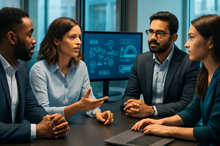 Sales team using an automated analytics dashboard during a collaborative strategy meeting