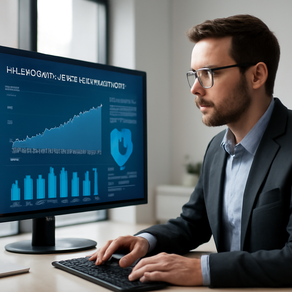 a sales manager reviewing an AI-powered revenue dashboard on a large monitor in a bright modern office