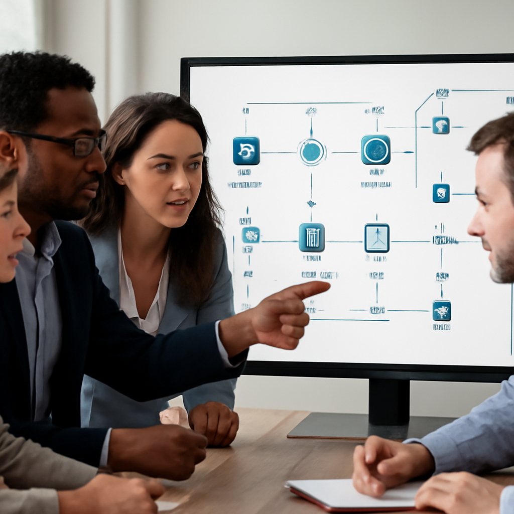 a collaborative sales team gathered around a digital pipeline board showing connected customer journeys and workflow tri
