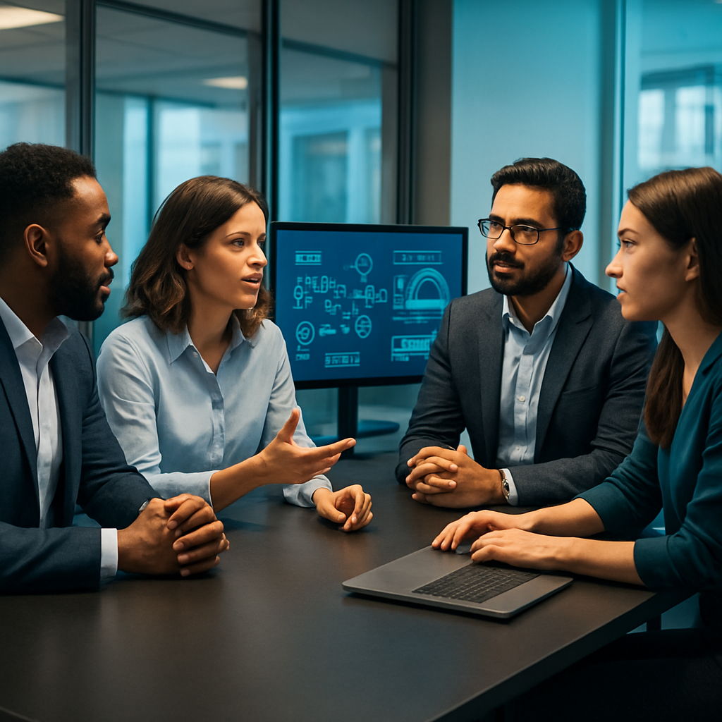 Sales team using an automated analytics dashboard during a collaborative strategy meeting
