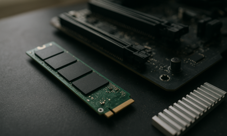 Samsung 990 EVO Plus review SSD shown beside a motherboard M.2 slot