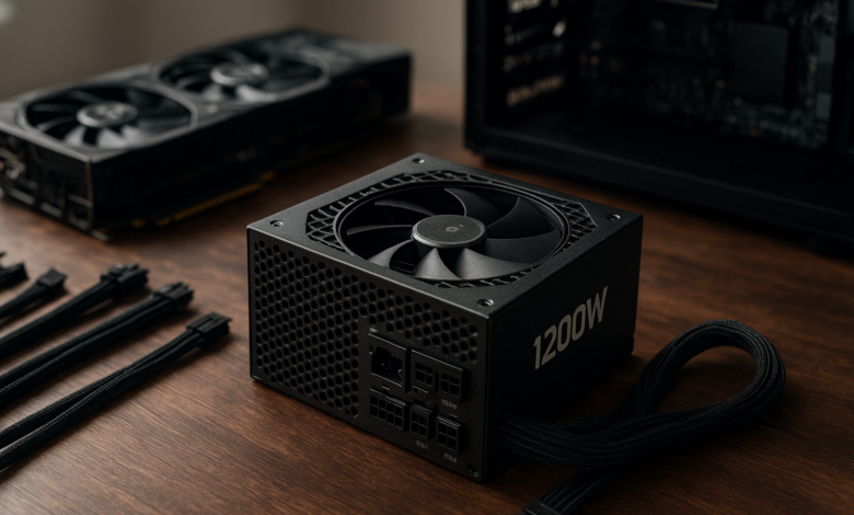 Seasonic Vertex 1200W power supply displayed beside modular cables for an ATX 3.0 PC build