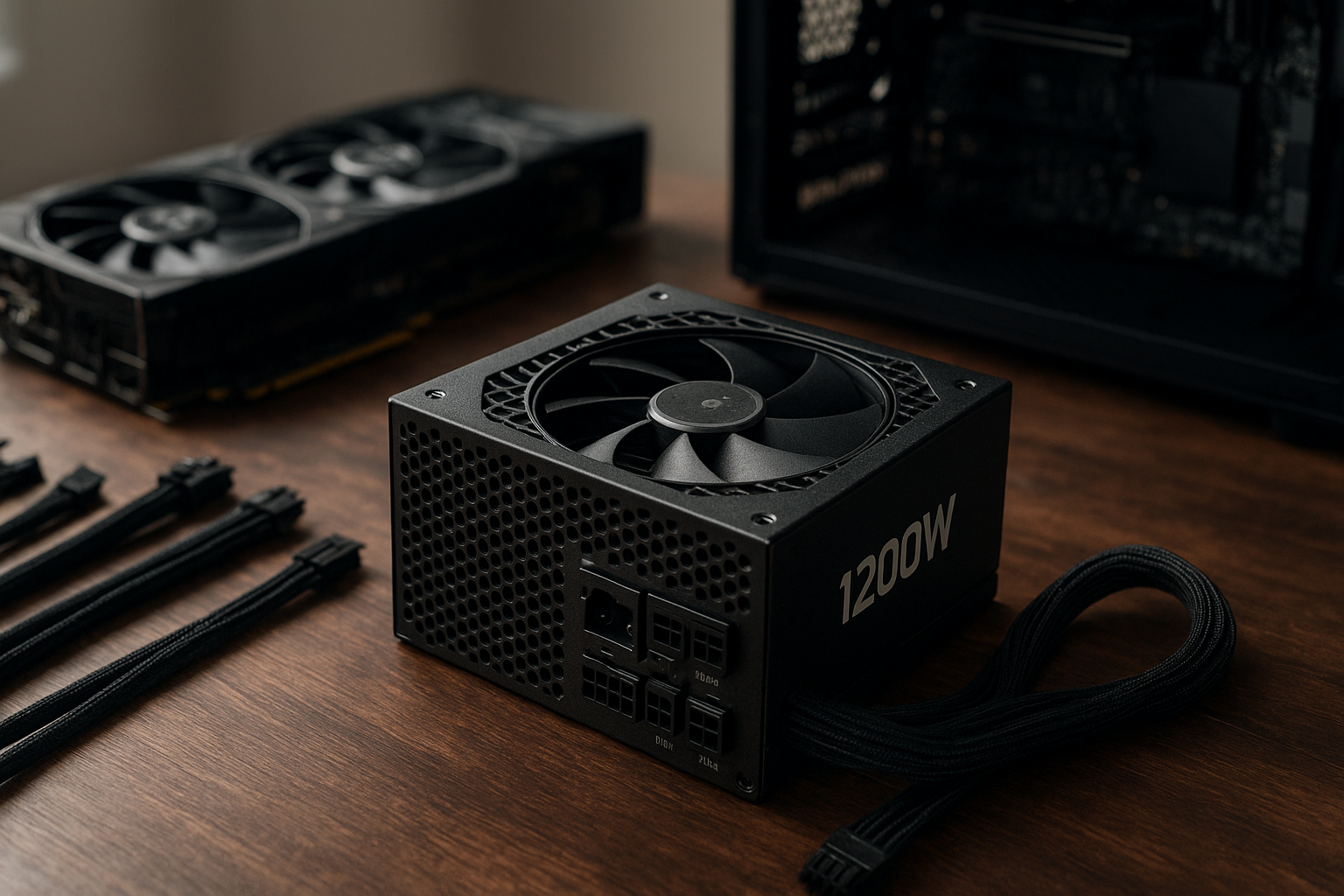 Seasonic Vertex 1200W power supply displayed beside modular cables for an ATX 3.0 PC build