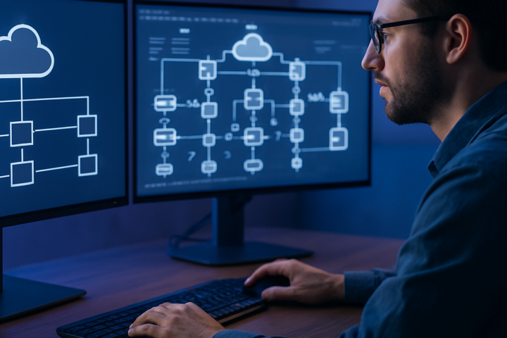 Cloud engineer reviewing a serverless architecture dashboard on multiple monitors in a modern operations workspace
