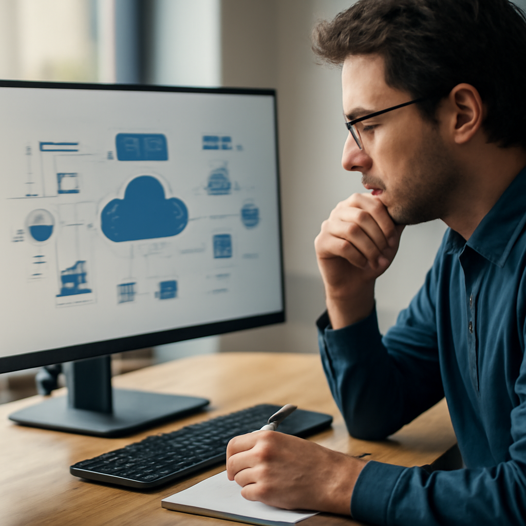 a photorealistic cloud architecture diagram displayed on a monitor beside a developer planning event-driven services