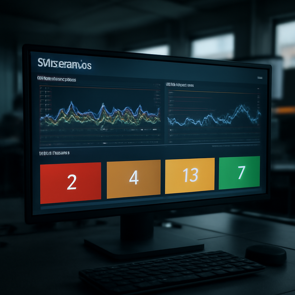 a photorealistic observability dashboard showing distributed traces, function latency graphs, and alert status in a dark