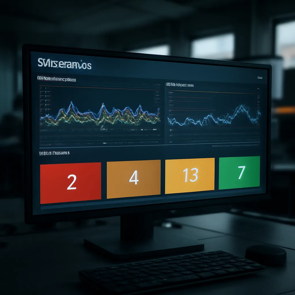 a photorealistic observability dashboard showing distributed traces, function latency graphs, and alert status in a dark