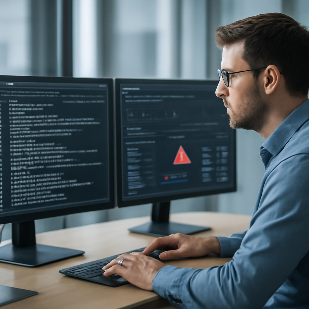 a photorealistic engineer reviewing serverless deployment logs and cost alerts on dual monitors in a modern office
