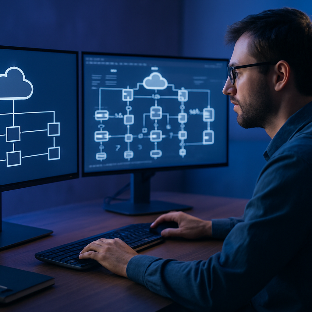 Cloud engineer reviewing a serverless architecture dashboard on multiple monitors in a modern operations workspace