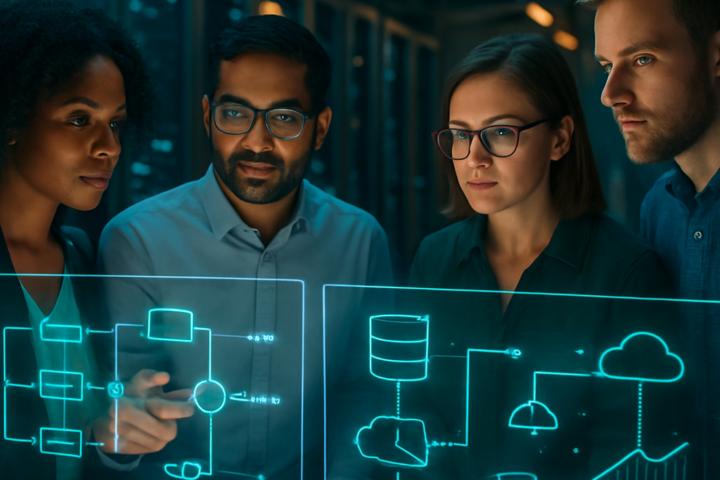 Cloud engineers reviewing a futuristic serverless computing architecture on transparent displays in a modern data center