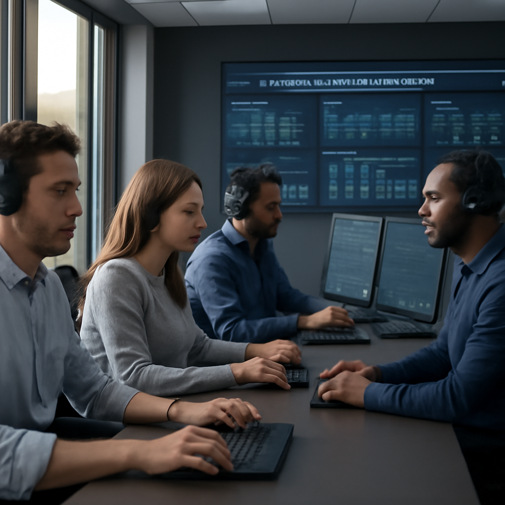 a photorealistic cloud engineering team monitoring event-driven applications on large screens in a modern operations cen