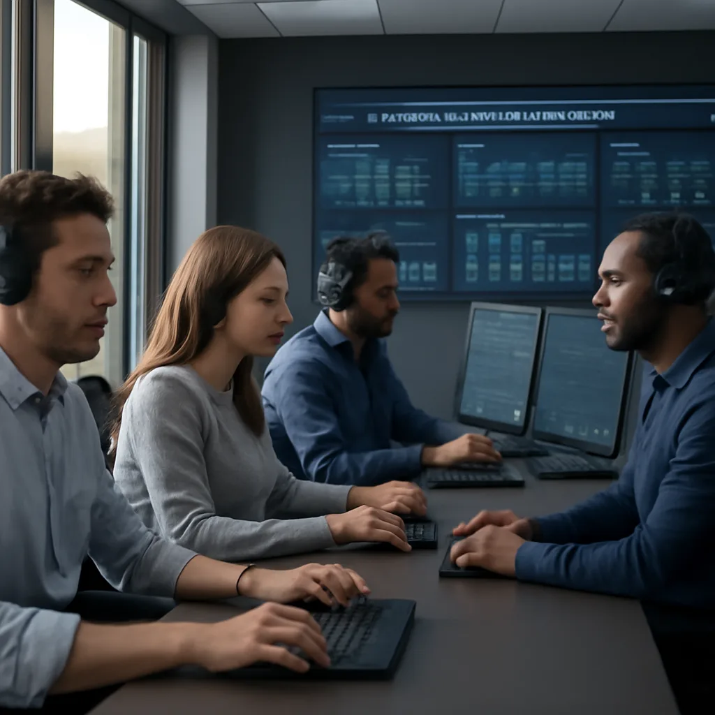a photorealistic cloud engineering team monitoring event-driven applications on large screens in a modern operations cen