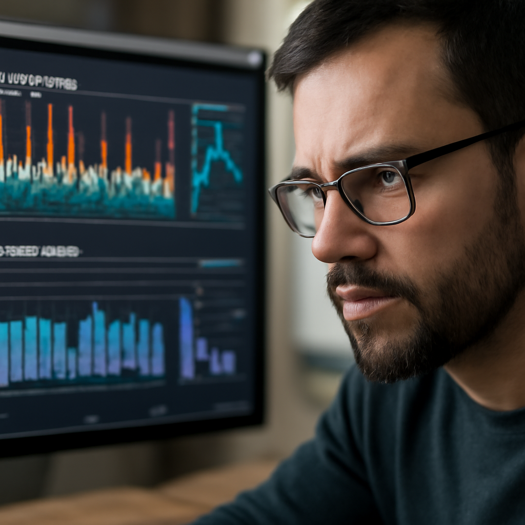 a vivid photorealistic close-up of a developer reviewing serverless latency graphs and function performance metrics